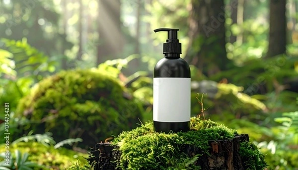Fototapeta A black pump bottle with a blank label rests on a mossy forest stump, bathed in natural light.