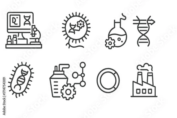 Obraz Microbiology Line Icons. Line style icons of microbiology: synthetic biology lab, engineered microbe icon, gene expression control