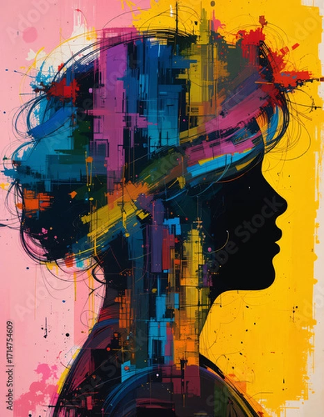 Fototapeta Modern abstract silhouette portrait of woman with colorful paint splashes and artistic brush stroke digital artwork on vibrant background