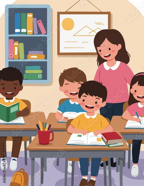 Fototapeta Happy diverse children learning in a vibrant elementary school classroom, guided by a smiling female teacher during a reading lesson