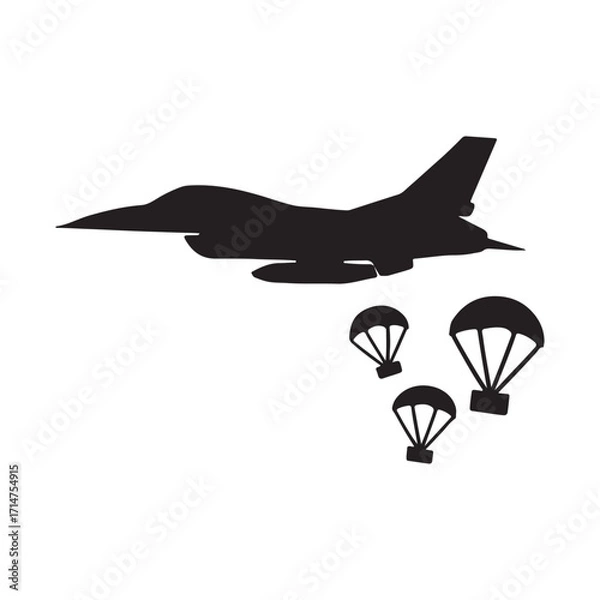 Fototapeta Vector art of silhouette of a fighter jet with parachutes