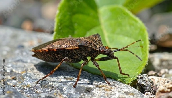 Fototapeta Close-up of a Stink Bug on a Leaf and Stone