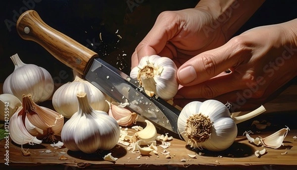 Fototapeta Aromatic garlic being meticulously sliced by hands