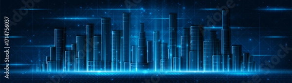 Fototapeta Smart city technology with hologram world in the background. Future technology city architecture concept. Digital hi-tech city design. Technology city background.	