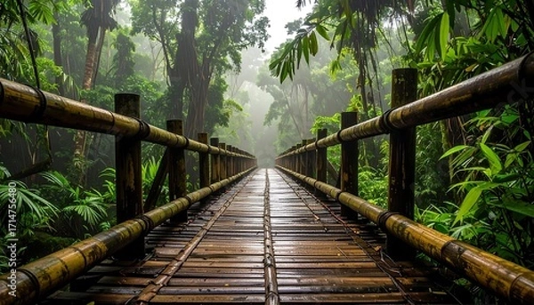 Fototapeta A tranquil bamboo bridge stretches through a lush, misty rainforest, inviting a sense of peace and adventure.