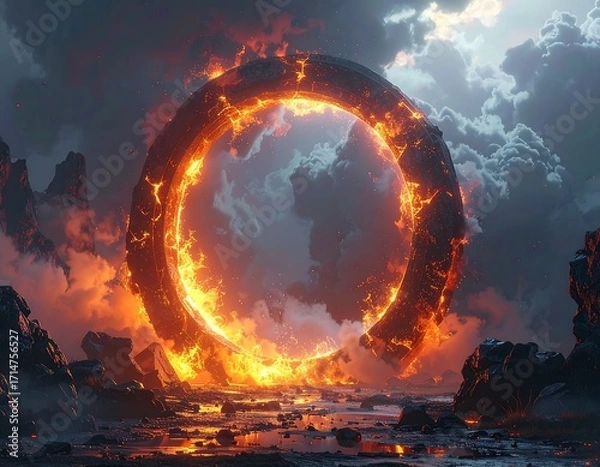 Fototapeta A fiery, colossal ring-shaped structure stands amidst a dramatic, volcanic landscape, bathed in dramatic lighting.