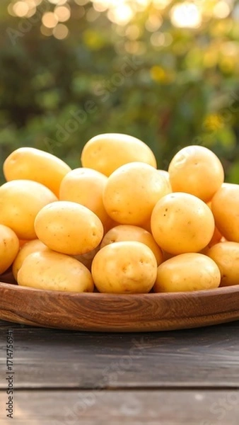 Obraz Pile of potatoes in wooden bowl