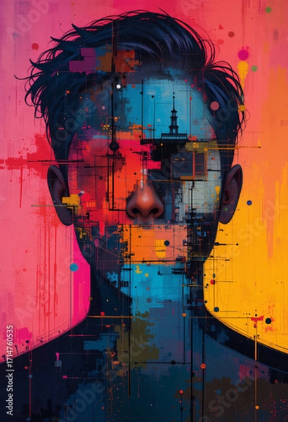Fototapeta Abstract digital portrait of man with colorful glitch effect, modern pop art painting style for creative design and artistic background