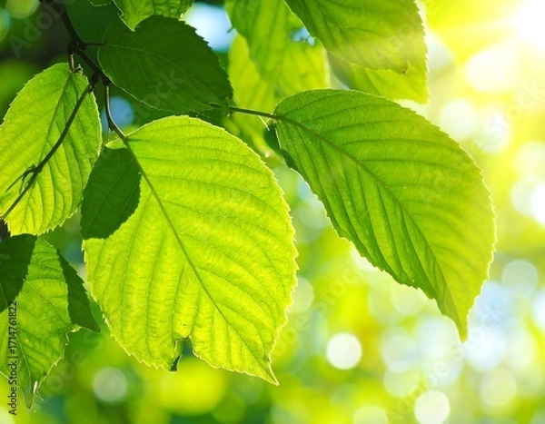 Fototapeta Vibrant green leaves bathed in sunlight, showcasing intricate detail and a peaceful, natural atmosphere.