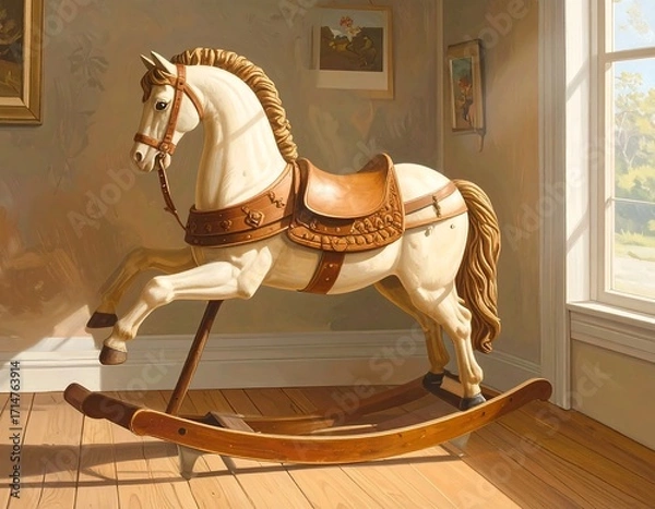 Fototapeta A vintage rocking horse, meticulously detailed in a sun-drenched room, displays ornate carvings and warm tones.