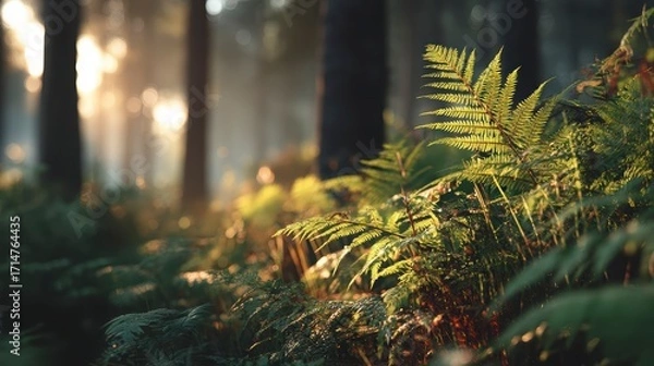 Fototapeta Sunlight Filters Through Ferns in a Lush Forest Environment