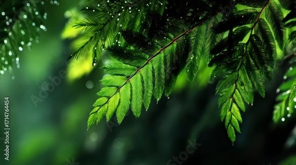 Fototapeta Close-Up of Lush Green Fern Leaves with Raindrops on Surface
