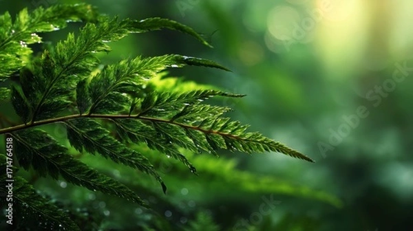 Fototapeta Fresh Green Fern Leaf in Lush Forest Environment with Soft Lighting
