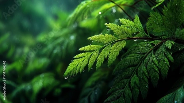 Fototapeta Close-up of Vibrant Green Fern Leaves with Dew Drops in Nature