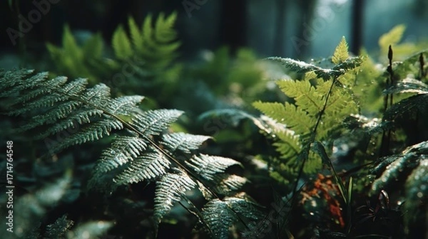 Fototapeta Lush Green Ferns in a Forest with Soft Natural Lighting Effects