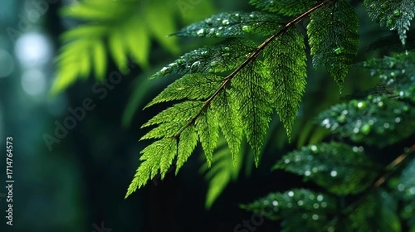Fototapeta Lush Green Fern Leaves with Raindrops in a Serene Forest Setting