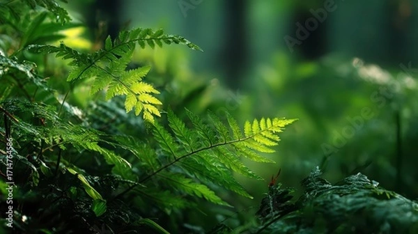 Fototapeta Lush Green Ferns Nature Scene in a Sunlit Forest Setting