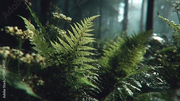 Fototapeta Lush Green Ferns in Mystical Forest with Sunlight and Fog Effects