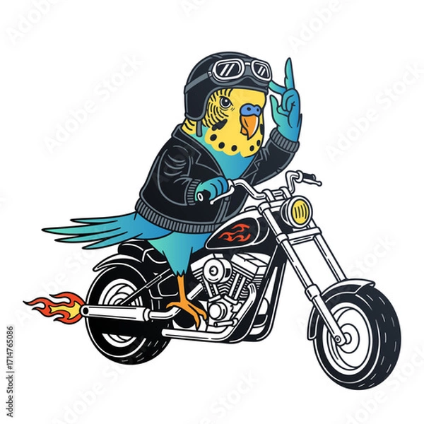 Fototapeta cool budgerigar parrot wearing a leather jacket and helmet riding a motorcycle, with one wing raised in a greeting gesture, funny biker illustration