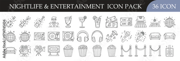 Fototapeta Nightlife and Entertainment Line Icons Collection - Set of 36 outline icons featuring nightlife, drinks, music, cinema, parties, dancing, food, and leisure entertainment elements for design projects.

