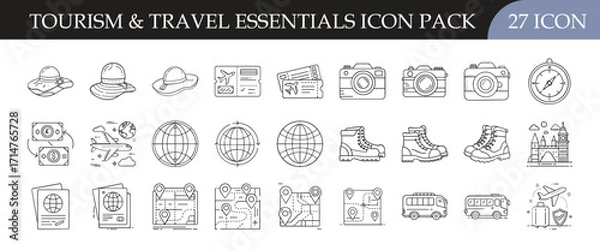 Fototapeta Tourism and Travel Essentials Outline Icon Pack - Set of 27 line icons representing travel gear, passports, maps, cameras, and transportation, perfect for vacation, tourism, and adventure design