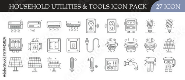Fototapeta Household Utilities and Tools Line Icon Pack - Set of 27 outline icons illustrating home utilities, electrical tools, plumbing, switches, and fixtures, perfect for repair, construction