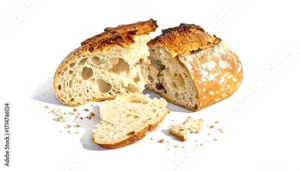 Fototapeta Artisan bread sliced and scattered on a white background
