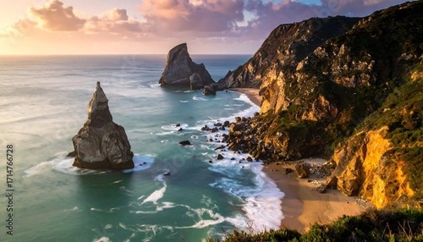 Fototapeta Dramatic coastal scenery at sunrise, with dramatic rock formations rising from the turquoise ocean, cascading waves, and golden-hued cliffs.