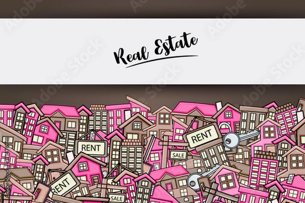 Fototapeta Real estate concept in 3d cartoon doodle background design. Hand drawn colorful vector illustration.