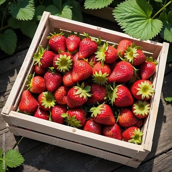 Fototapeta A wooden crate filled with fresh, ripe strawberries. The strawberries are a vibrant red color and have green leaves attached to them.