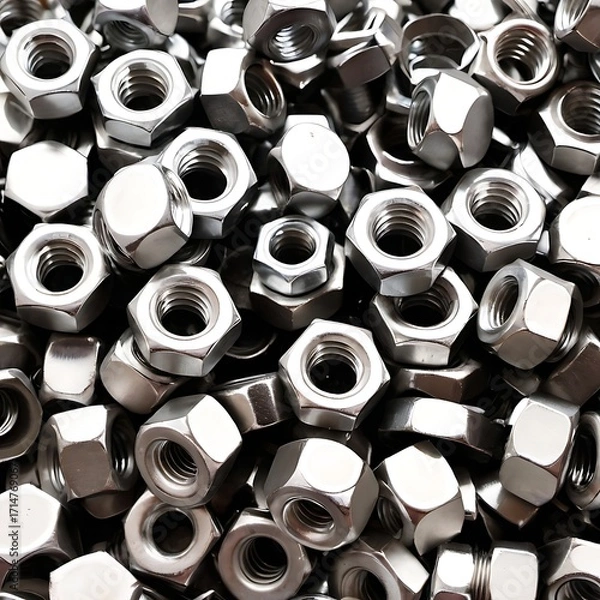 Fototapeta A close-up view of a large pile of stainless steel hex nuts.