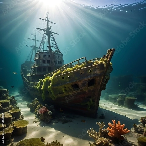 Fototapeta A shipwreck resting on the ocean floor.