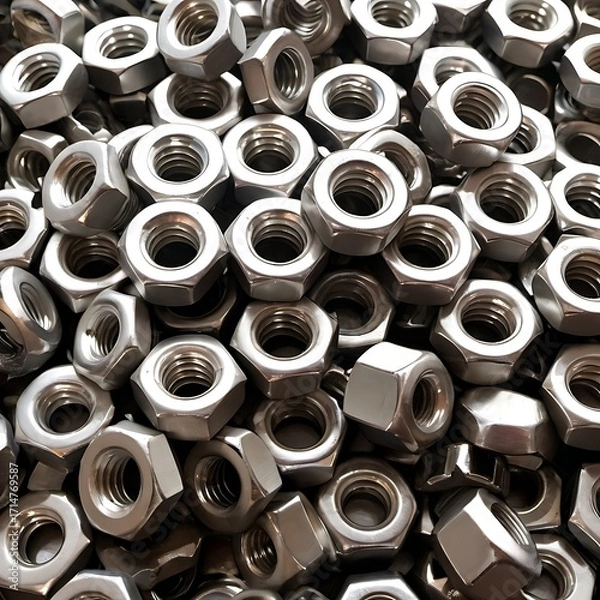 Fototapeta A close-up view of a large pile of stainless steel hex nuts.