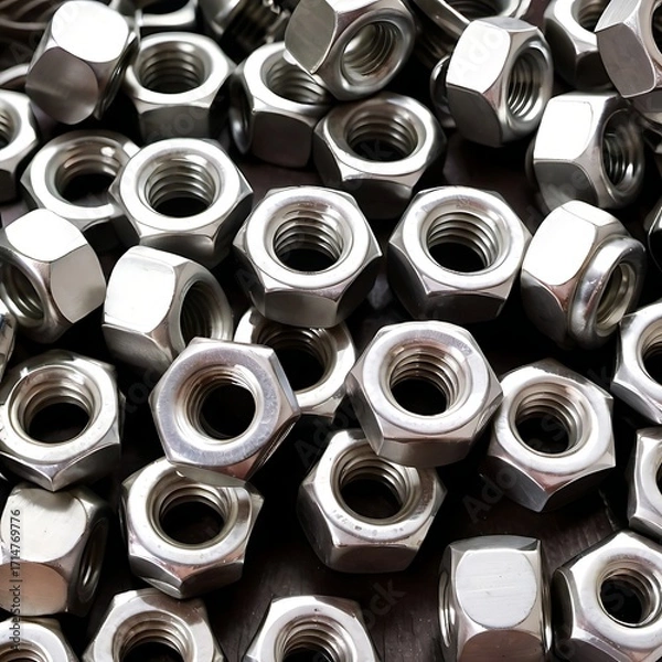 Fototapeta A close-up view of a large pile of stainless steel hex nuts.