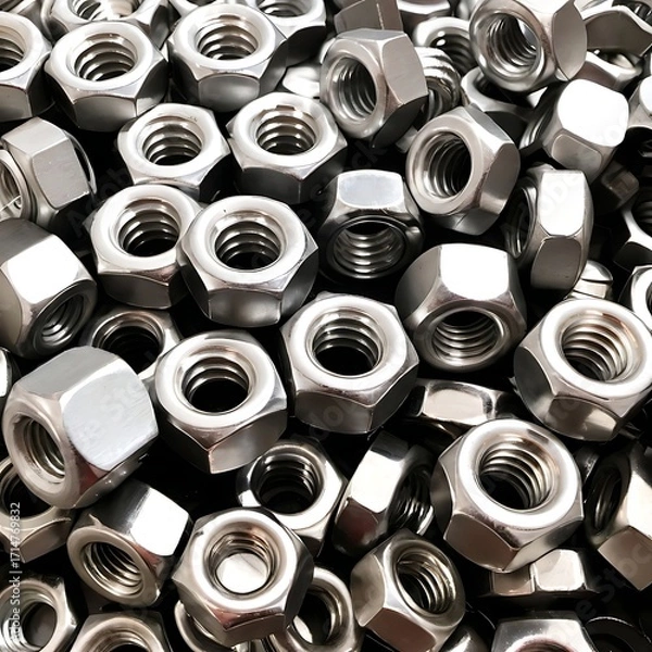 Fototapeta A close-up view of a large pile of stainless steel hex nuts.