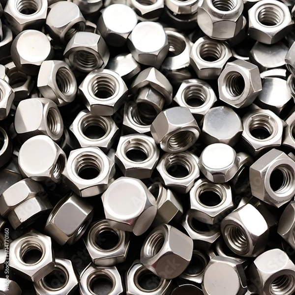 Fototapeta A close-up view of a large pile of stainless steel hex nuts.
