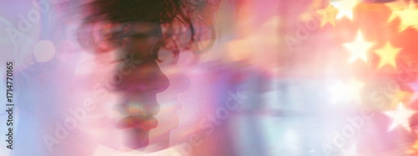 Fototapeta Double-Exposure Portrait with Pastel Light Leaks — Panoramic Banner, Copy Space for Headline