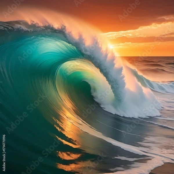 Fototapeta Sunlight shines through a curling ocean wave at sunset, creating a tunnel-like view with golden reflections on the water.