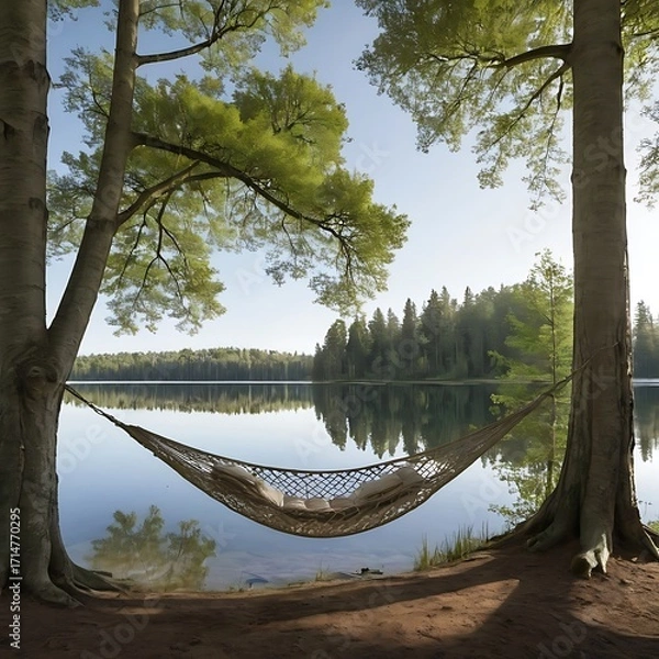 Fototapeta A hammock is strung between two tall trees near a tranquil lake