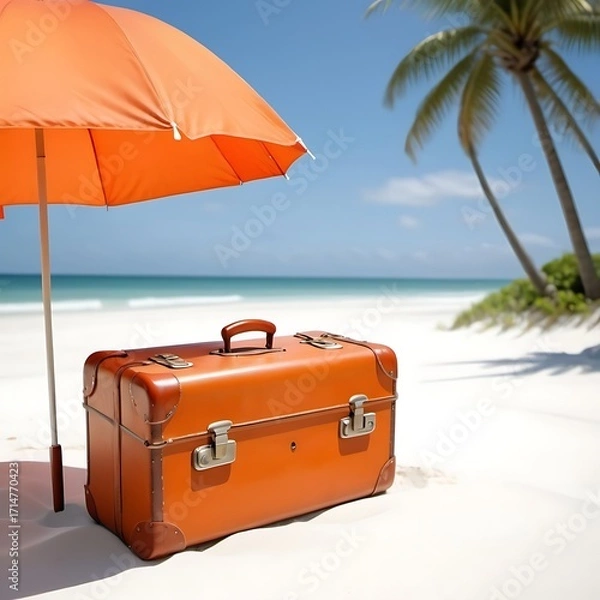 Fototapeta A serene beach scene on a sunny day. A vintage suitcase rests on the soft, white sand, with a bright orange umbrella planted on top of it.