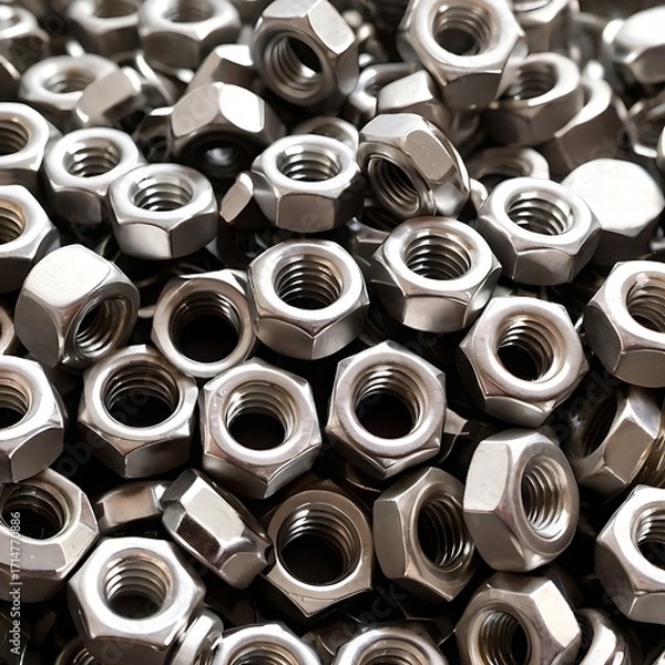 Fototapeta A close-up view of a large pile of stainless steel hex nuts.