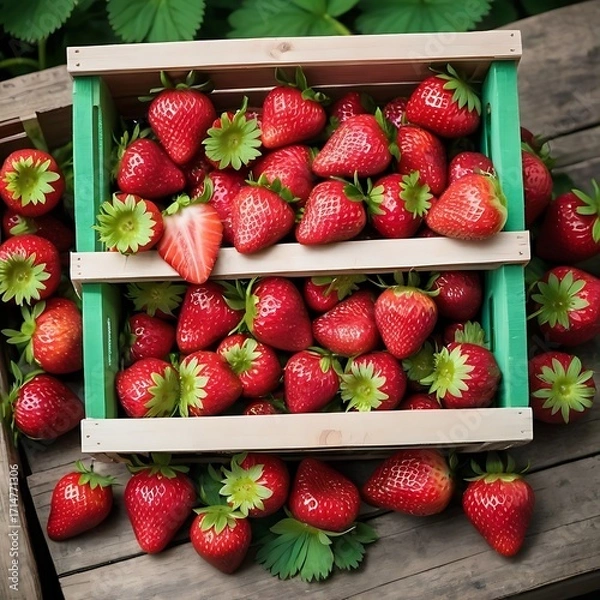 Fototapeta A wooden crate filled with fresh, ripe strawberries. The strawberries are a vibrant red color and have green leaves attached to them.