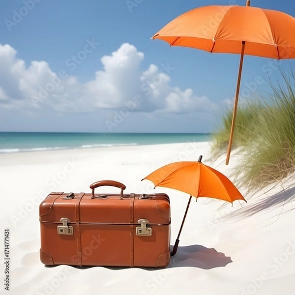Fototapeta A serene beach scene on a sunny day. A vintage suitcase rests on the soft, white sand, with a bright orange umbrella planted on top of it.
