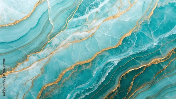 Obraz Ocean Green and Gold Marble Texture, Blue Green Fluid Stone with Golden Veins, Luxury Marbled Background in Teal and Gold