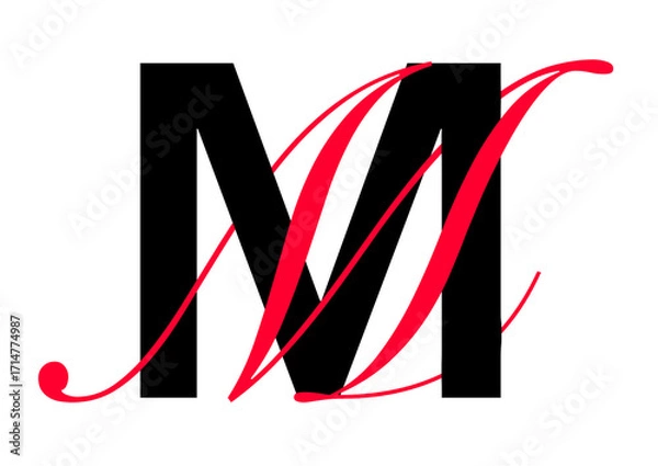 Fototapeta Capital letter with double typographic style, black sans serif font and red script font, letter M