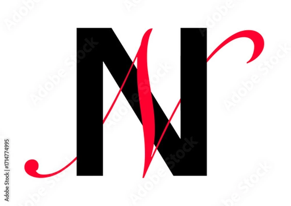 Fototapeta Capital letter with double typographic style, black sans serif font and red script font, letter N