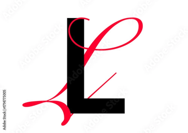 Fototapeta Capital letter with double typographic style, black sans serif font and red script font, letter L