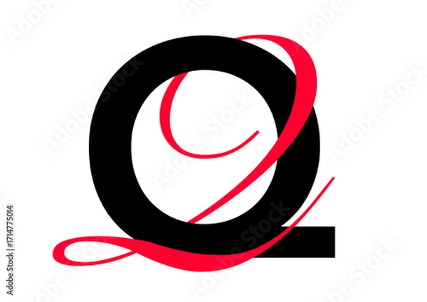 Fototapeta Capital letter with double typographic style, black sans serif font and red script font, letter Q