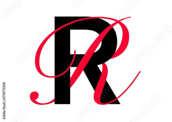 Fototapeta Capital letter with double typographic style, black sans serif font and red script font, letter R