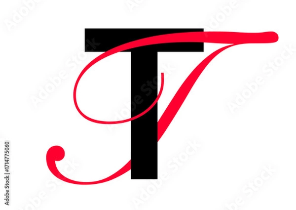 Fototapeta Capital letter with double typographic style, black sans serif font and red script font, letter T